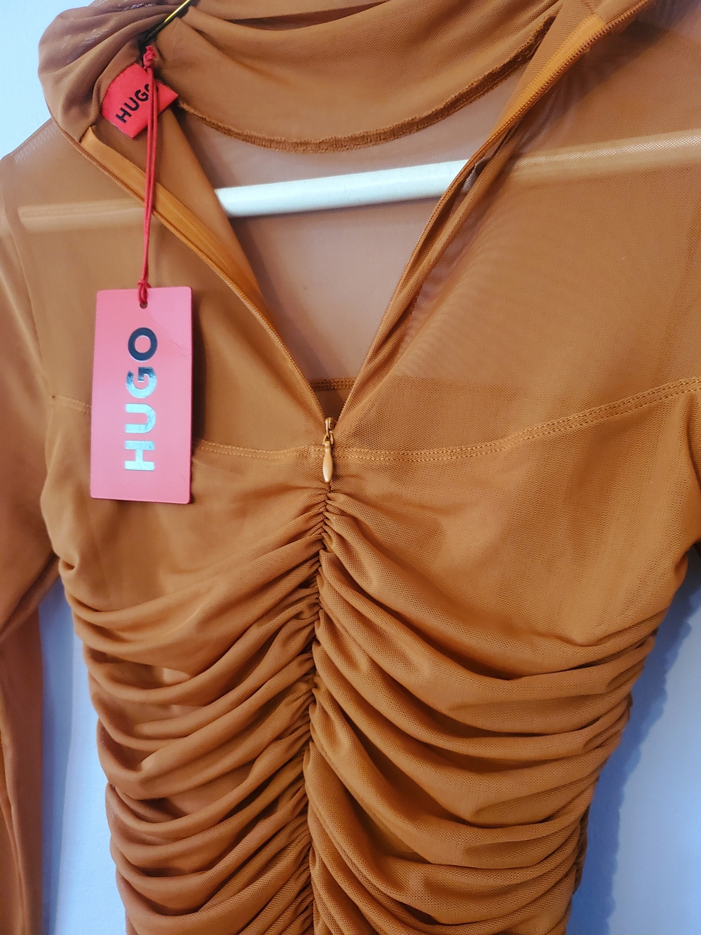 HUGO Rust-Tone Ruched Sheer Bodysuit - Picture 5 of 6
